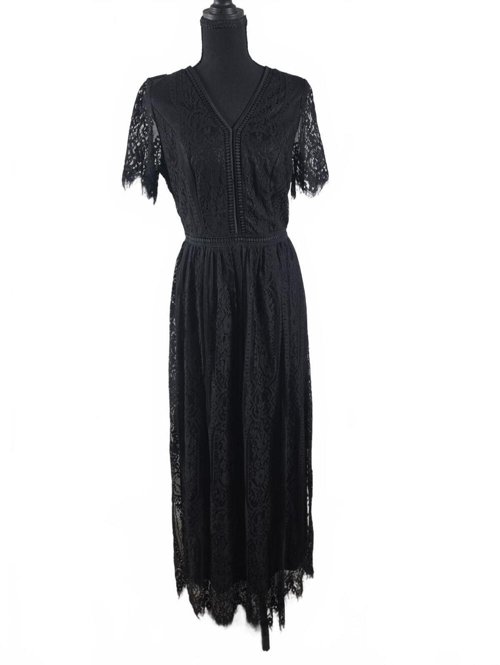 Elegant Black Lace Midi Dress with V-Neck and Short Sleeves
